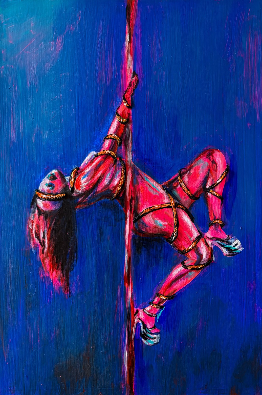 Acrylic painting of a woman bound in rope harness, inverted on a pole with legs raised overhead, rendered in hot pink against a deep blue background